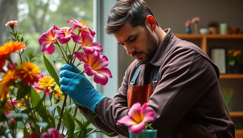 Hombre creando un centro de flores sintéticas en un taller de floristería.