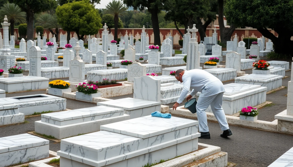 Limpiador realizando limpieza profesional en una lápida en un cementerio, asegurando su cuidado y preservación.