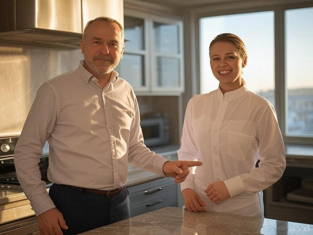 Cliente satisfecho mostrando su cocina impecable junto a un profesional de limpieza en Alicante.