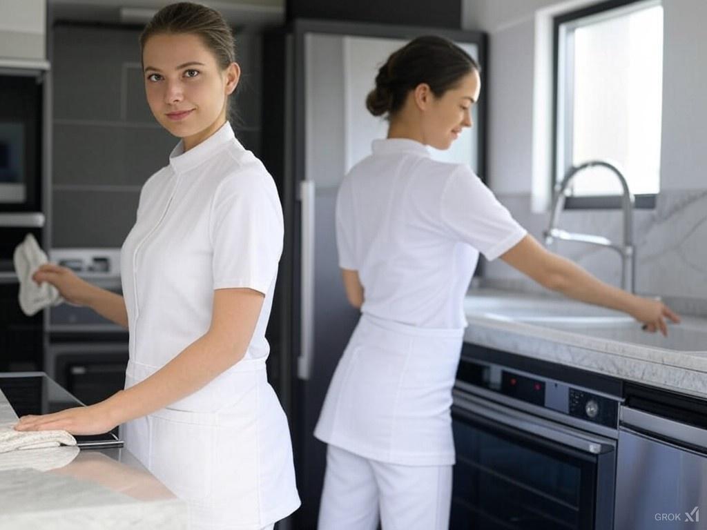 Equipo de profesionales realizando una limpieza de cocina en Alicante con herramientas especializadas.